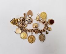 9ct gold curb-link charm bracelet with 1793 half-guinea, 1913 sovereign, George III third guinea,