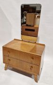 Mid-century blonde oak dressing table with mirror by Meredew having two long drawers on splay