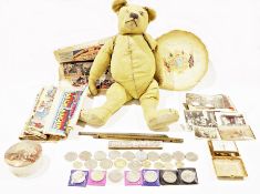 Quantity of collectables to include old teddy bear, pot lid, Mickey Mouse comics 1938, commemorative