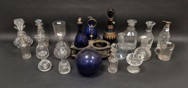 Group of 19th century cruet bottles, decanters and measures, including: a silver-mounted cut-glass