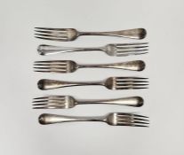 Set of six Edwardian silver table forks, rat tail handles, hallmarked London 1902 by Josiah Williams