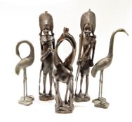 Partly gilt bronze pair of standing herons, 49cm high, an African carved hardwood group of two