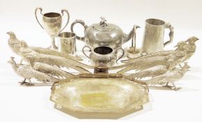 Large assortment of silver plate and other metal wares, to include various models of pheasants,