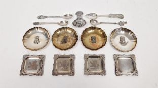 Selection of continental white metal wares including four ashtrays each stamped 90 to the underside,