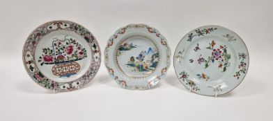 Two 18th century Chinese Export porcelain dinner plates and a soup-plate, the first painted and gilt