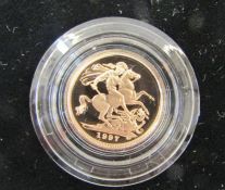 1997 gold proof half sovereign, struck to 22ct gold. In original Royal Mint box with certificate.