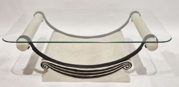 20th century glass top coffee table of rounded rectangular form on white painted plaster and metal