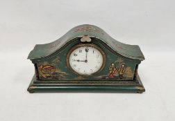 Early 20th century mantel clock decorated in oriental-style, the green painted case with moulded