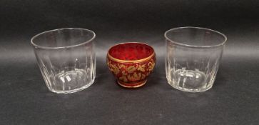 Pair of early 19th century panel-cut cylindrical bowls or rinsers and a cranberry tinted and gilt