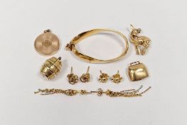 9ct gold loop pendant, charms and various gold items, 12g approx.
