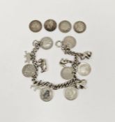 Silver curb link bracelet with threepenny bit and animal charms, and four silver 3d coins