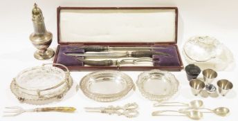 Silver plated wares, to include a sugar caster, wine bottle coaster, lidded dish, flatware and more