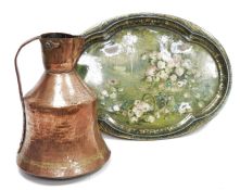 Copper hammered milk jug, believed to be mid 19th century, slightly flared base, 34cm high and a