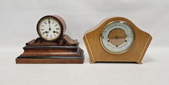 19th century drum-shaped clock mounted on scroll moulded stepped case with ebonised bands, bell