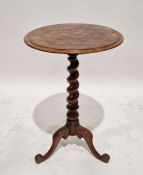 Victorian mahogany circular occasional table with chess board inlaid top, barley twist support and