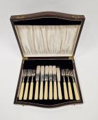 Cased set of silver and ivorine-mounted knives and forks comprising six knives and forks, hallmarked