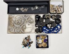 Silver and pearl pendant drop on silver box link chain, silver button pearl and white stone