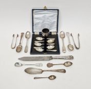 Victorian silver butter knife, Old English pattern 1880, silver napkin ring, silver sugar nips and