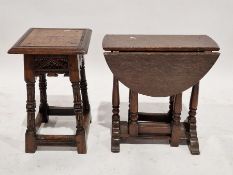 17th century-style reproduction oak occasional table, square with carved apron, on stop fluted