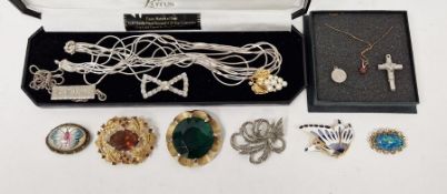 Silver ingot on chain, a silver multiple strand necklace, various brooches and other items