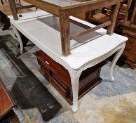 Contemporary white painted dining table, raised on cabriole supports, 67cm high x 180cm wide x