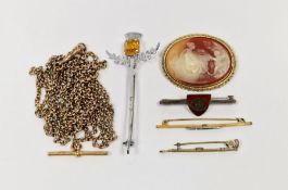 9ct gold T-bar possibly off Albert chain, 2.5g approx., gilt metal guard's chain, three bar