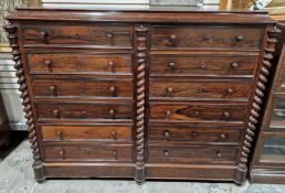 Victorian rosewood secretaire chest c.1870 having cavetto raised top, two rows of six drawers, one