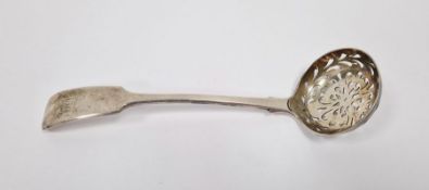 White metal sugar casting spoon, fiddle pattern, and a silver mustard pot, circular, raised on three