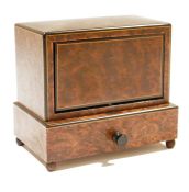 Art Deco burr walnut musical cigarette dispenser of rectangular form with concealed semi-circular