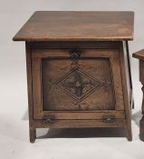 Oak record cabinet, the fall front with rhomboid carved panel, 54cm x 51cm x 43cm