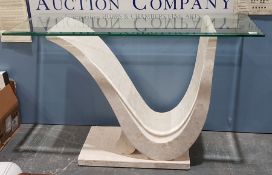 Contemporary glass topped console table, formed out of stylised plaster, measuring approximately