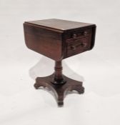 Regency rosewood fall-flap work table fitted two drawers and two dummy drawers, each with turned