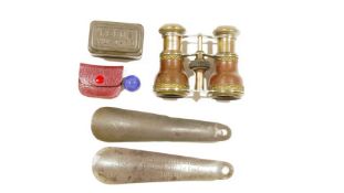 Pair of early 20th century opera glasses, a Keens Mustard pot and cover, two vintage shoe horns