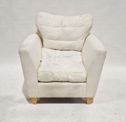 Modern square back easy chair with loose squab cushion, on squat tapering supports