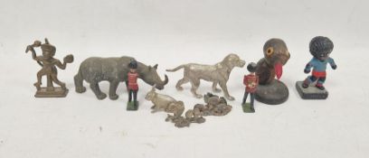 Assorted white metal models of animals including a rhino and a hound, a Robertsons figure of a
