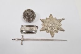 Gorham silver Christmas snowflake decoration, a letter opener in the form of a sword inscribed '