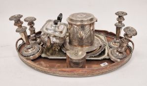 Assorted Victorian and later silver-plate and metalware, including a pair of telescopic candlesticks