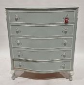 Serpentine-fronted blue and white painted chest of five drawers, on squat cabriole legs, plastic