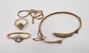 Gold ring with paste cabochon, marked 9ct, a paste scarf ring marked 9ct, a gold three-colour gold