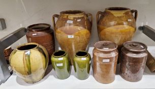 Group of stoneware storage jars and vases, 19th century and later, including two two-handled amphora