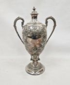 Victorian silver-plated samovar/tea urn and cover stamped 'MW&S', oviform with two beaded foliate