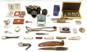 Zenit EM camera with Helios-4mm lens, another lens, an Olympus Pearl Corda S701 dictaphone, assorted