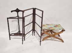 Victorian walnut X-frame folding stool with floral fabric seat, a gentleman's valet stand and a