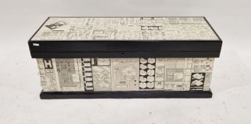 Tool chest with fitted interior and with two iron carrying handles, decorated with collage of