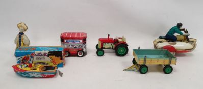 Tinplate to include motorbike with sidecar together with a Russian dancing doll, Tractor with