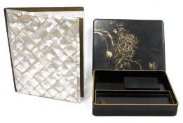 Victorian/Edwardian mother-of-pearl desk blotter, folding and black papiermache backed, having