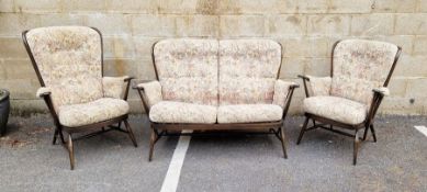 Ercol-style dark oak three-piece cottage suite, viz: 2 seater sofa and 2 armchairs