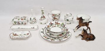 Crown Staffordshire fine bone china hunting scene pattern part table service with printed green