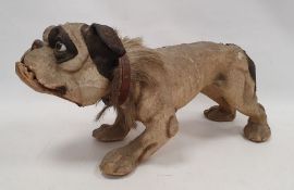 Victorian bulldog automaton on wooden wheels, with articulated growling mouth, glass eyes, nodding