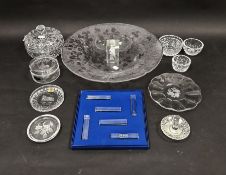 Large frosted glass dish decorated with trefoils, 38cm, a Dublin crystal engraved trinket dish